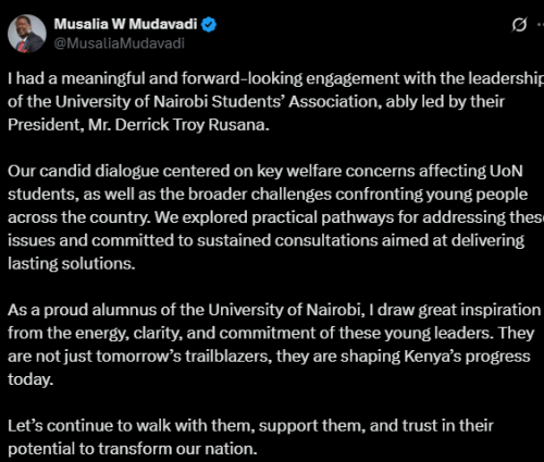 A post by Musalia Mudavadi. PHOTO/screengrab by People Daily Digital from X by @MusaliaMudavadi