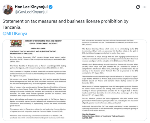 The press release shared on X by MITI Cabinet Secretary Lee Kinyanjui. PHOTO/Screengrab by People Daily Digital