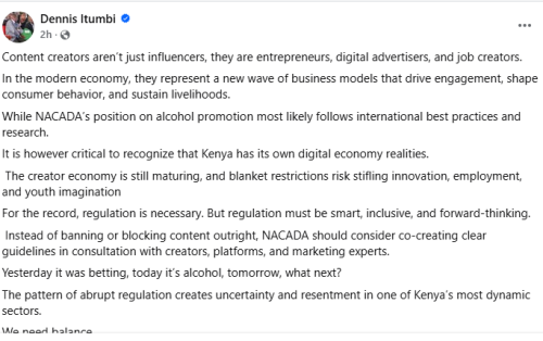 A post by Dennis Itumbi. PHOTO//Screengrab by Peaople Daily Digital/https://www.facebook.com/1485050332/posts/10239440681103605/?mibextid=rS40aB7S9Ucbxw6v