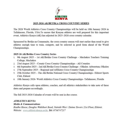 AK statement on the adjusted calendar of Cross Country series. PHOTO/AK/ https://x.com/athletics_kenya/status/1947580491751641270?t=kV5SCEb08gnhdKYi-YelKw&s=19