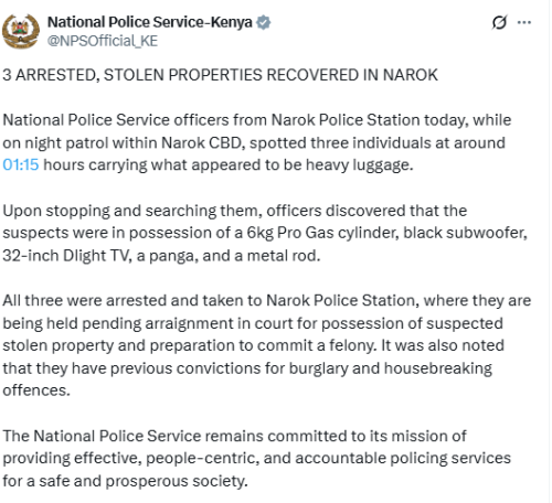 A screenshot of the statement confirming the arrest of the trio in Narok. PHOTO/@NPSOfficial_KE