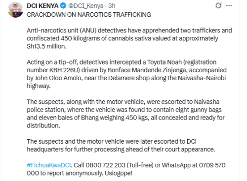 A screenshot of the statement on the arrest. PHOTO/@DCI_Kenya/C
