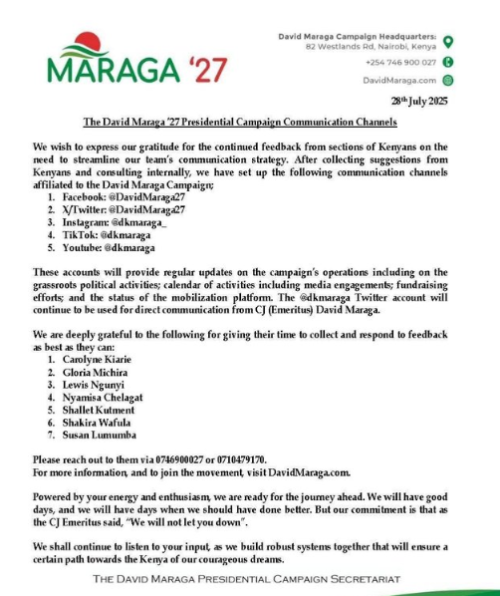 A statement by David Maraga’s campaign team. PHOTO/@dkmaraga/X
