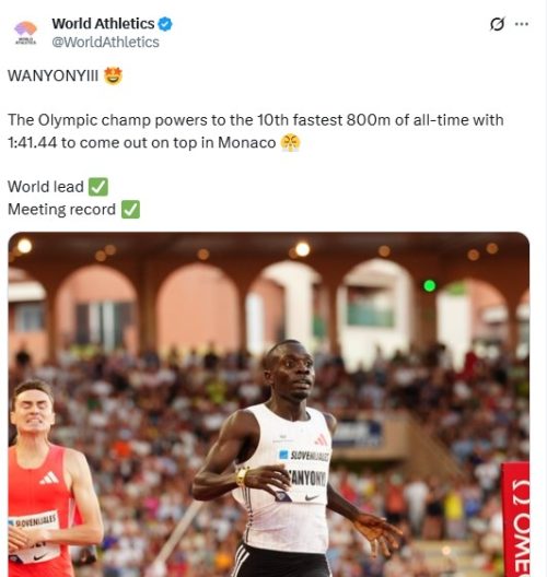 Olympic and World Champion Emmanuel Wanyonyi at the Monaco Diamond League on July 11, 2025. PHOTO//@athletics_kenya/X