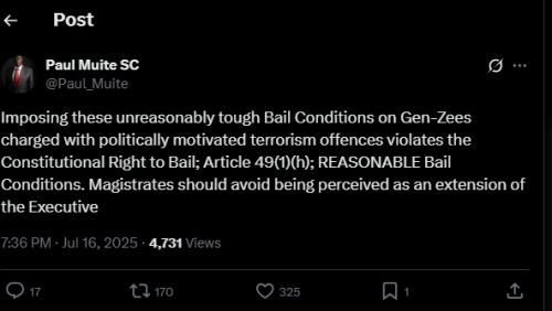 A post shared by Paul Muite on his X account on Wednesday, July 16, 2025. PHOTO/Screengrab by PD Digital from @Paul_Muite