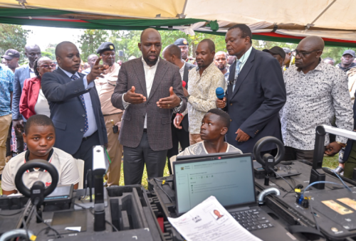 Interior CS Kipchumba Murkomen (centre) speaks during an inspection tour of ID registration in Saboti on July 28, 2025. PHOTO/https://web.facebook.com/OnesimusKipchumbaMurkomen