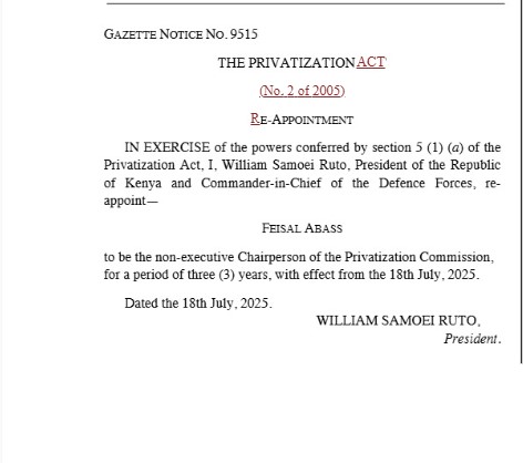 Part of the gazette notice confirming Feisal Abass reappointment. PHOTO/screengrab by PD Digital/https://new.kenyalaw.org/akn/ke/officialGazette/2025-07-18/154/eng@2025-07-18