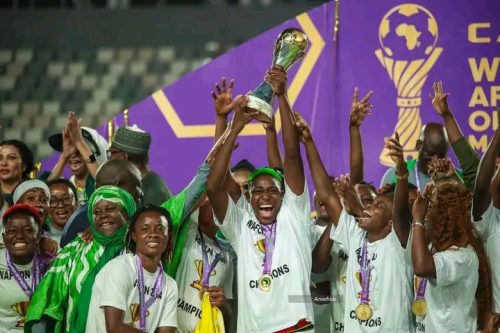 Super Falcons players celebrate after winning the 2024 Women's Africa Cup of Nations. PHOTO/Super Falcons/ Facebook/ https://www.facebook.com/61561934395892/posts/pfbid0Jfn2BCLUFjzKyUB185hL4hXux9KAi1jZcPszRpoekH9gdgraQqXMbbES5ao1Nrvul/?app=fbl