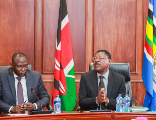 IEBC chairperson Erastus Ethekon (left) and National Assembly speaker Moses Wetang'ula. PHOTO/@HonWetangula/X