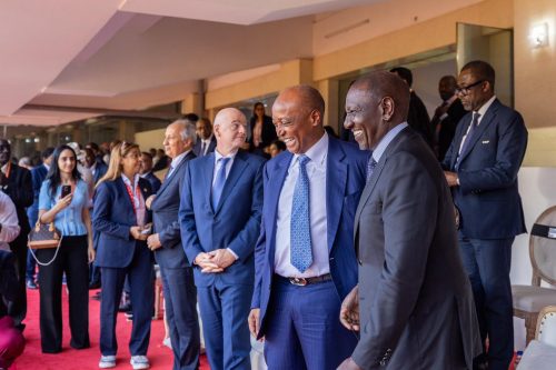 President William Ruto with FIFA President Gianni Infantino and CAF President Patrice Motsepe at Kasarani Stadium during the CHAN 2024 final between Morocco and Madagascar on August 30, 2025. PHOTO/https://www.facebook.com/williamsamoei/