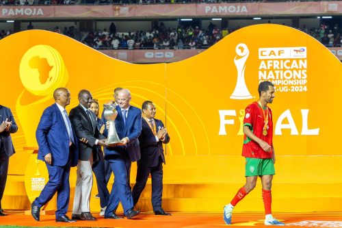 President William Ruto with FIFA President Gianni Infantino and CAF President Patrice Motsepe at Kasarani Stadium during the CHAN 2024 final between Morocco and Madagascar on August 30, 2025. PHOTO/https://www.facebook.com/williamsamoei/