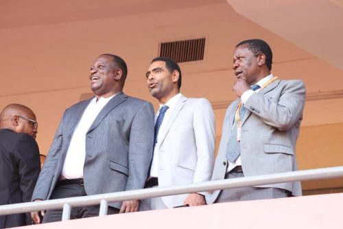 Sports CS Salim Mvurya with FKF president Hussein Mohammed and LOC Chairman Nicholas Musonye at Kasarani Stadium during the CHAN 2024 final between Morocco and Madagascar on August 30, 2025. PHOTO/https://www.facebook.com/GovernorSalimMvurya