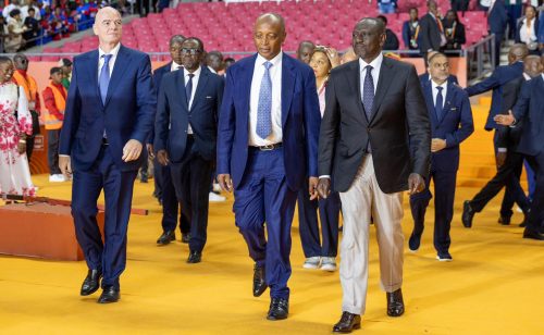President William Ruto with FIFA President Gianni Infantino and CAF President Patrice Motsepe at Kasarani Stadium during the CHAN 2024 final between Morocco and Madagascar on August 30, 2025. PHOTO/https://www.facebook.com/williamsamoei/