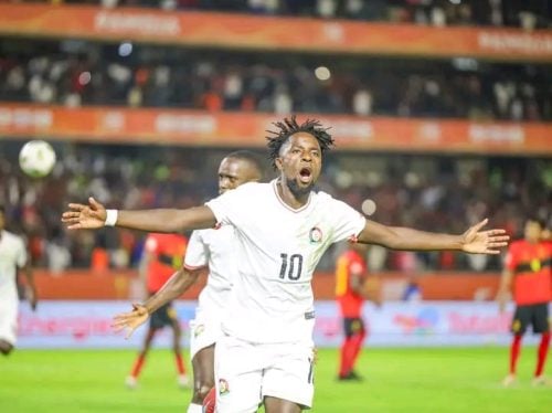Austine Odhiambo celebrates his goal against Angola on Thursday, August 7, 2025 at Moin International Sports Centre Kasarani. PHOTO/https://www.facebook.com/100063913291982/posts/pfbid02bFGTaKSS6wcUnBjpA5gyQBRXGEj7C3EmrWP9E16XuHeBzY6MXJGQHj7ULuPogUiil/?app=fbl