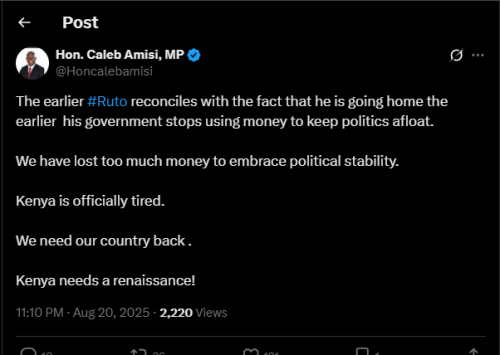 A post shared by Caleb Amisi on his X account. PHOTO/Screengrab by PD Digital from @Honcalebamisi