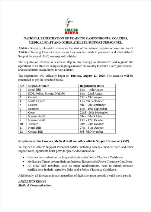 Press statement from Athletics Kenya on the registration requirements. Photp/ @athletics_kenya/X