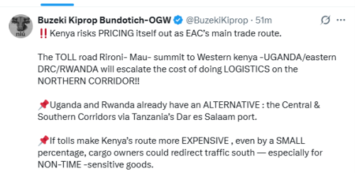 Businnes mogul Buzeki Bundotich has warned that the Rironi–Mau Summit road to Malaba and Uganda comes with tolling risks to Kenya. 