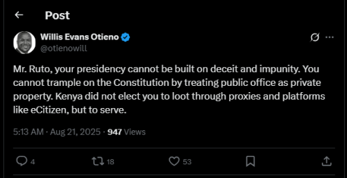 A post shared by Willis Otieno on his X account. PHOTO/Screengrab by PD Digital from @otienowill