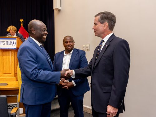 Former Deputy President Rigathi Gachagua shakes hands with Brigadier General Paul W. Tibbets IV. PHOTO/@rigathi/X