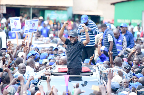 Trans Nzoia Governor George Natembeya at a campaign rally in Malava constituency, Kakamega County, on July 25 2025. PHOTO/Print