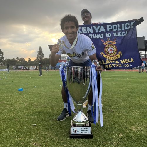 Mohamed Bajaber celebrates winning the FKF Premier League trophy with Police FC in June 2025. PHOTO/@zuhumomar/X