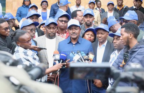 Kalonzo Musyoka and other Wiper leaders pose with the official certificate confirming the party’s new name, Wiper Patriotic Front. PHOTO/@skmusyoka/X