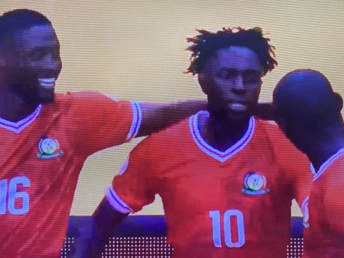 Austin Odhiambo (10) celebrates after scoring Kenya’s opener against DR Congo.
PHOTO/Screengrab by People Daily Digital