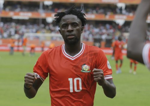 Austin Odhiambo celebrates after scoring against DR Congo. PHOTO/@EricNjiiru/X