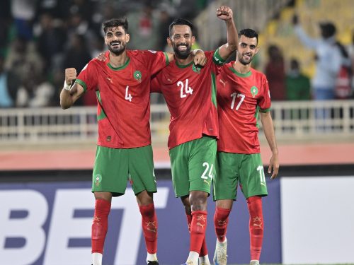 Morocco players celebrate after beating Angola. PHOTO/@EnMaroc/X