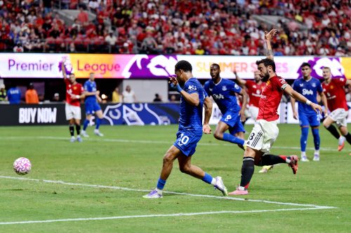 Iliman Ndiaye skips past Bruno Fernandes before slotting the ball past the keeper during the match. PHOTO/@Everton/X