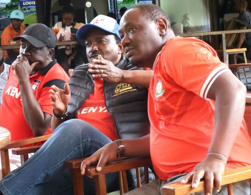 Kalonzo Musyoka donning the Harambee Stars jersey during the CHAN Opener match on Sunday August 3, 2025. PHOTO/@skmusyoka/X