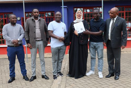 Wiper Secretary General Senator Shakila Abdalla and Executive Director Benson Milai presenting the tickets to KEFOFA President Francis Liyobi on Kalonzo's behalf on August 6, 2025. PHOTO/@skmusyoka/X