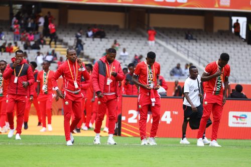 Harambee Stars players before the match. PHOTO/@KasaraniStadium/X