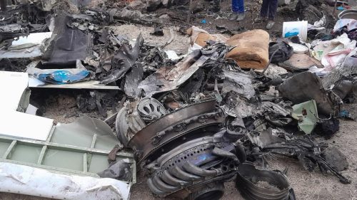 Debris scattered at the crash site of the AMREF Flying Doctors aircraft in Mwihoko, Kiambu County.PHOTO/@AbdulahiAdan10/X
