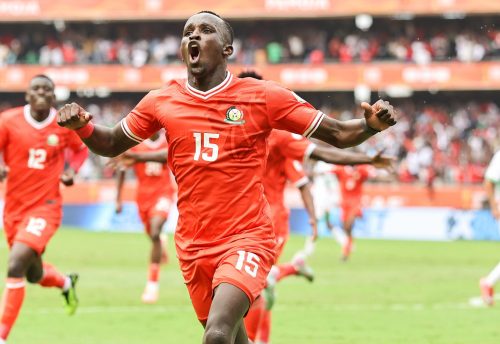 Harambee Stars’ Ryan Ogam celebrates after scoring the crucial goal against Morocco. PHOTO/@WilliamsRuto/X