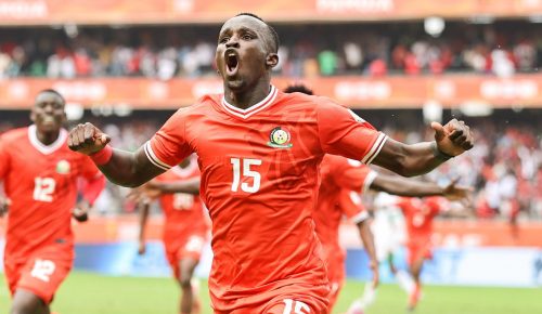 Harambee Stars’ Ryan Ogam celebrates after scoring the crucial goal against Morocco. PHOTO/@WilliamsRuto/X