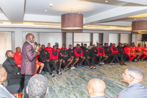 President William Ruto speaking to Harambee Stars players on Monday, August 11, 2025. PHOTO/@WilliamsRuto/X