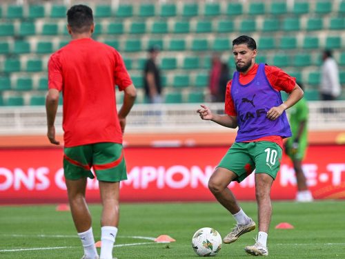 Morocco players warming up before their match against Zambia at Nyayo Stadium on Thursday, 14 August 2025. PHOTO/@EnMaroc/X