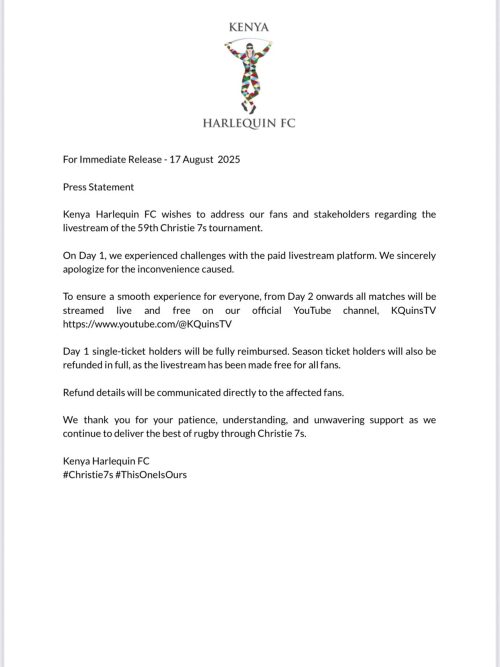 Kenya Harlequins FC statement on Christie 7s. PHOTO/@KenyaHarlequins/X