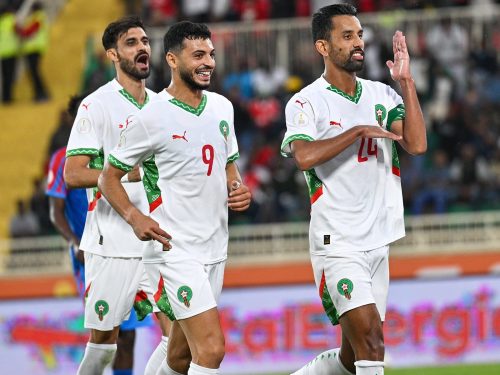 Morocco players celebrate after beating DR Congo. PHOTO/@EnMaroc/X