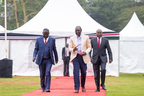 Raila Odinga, William Ruto, and Kindiki attend the first joint Kenya Kwanza–ODM Parliamentary Group meeting. PHOTO/@TheODMparty/X