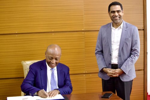 Hussein Mohammed welcomes CAF President Dr. Patrice Motsepe to Kenya ahead of the CHAN final on August 30, 2025. PHOTO/@husseinmoha/X