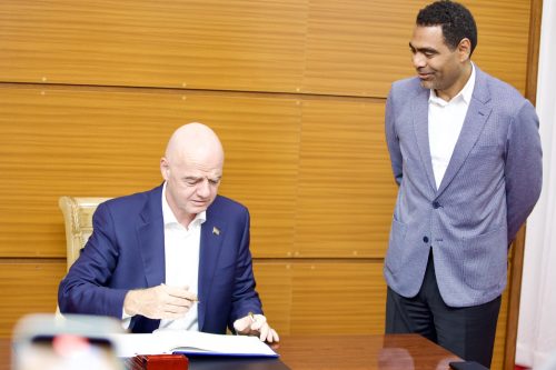 FIFA President Gianni Infantino with FKF President Mohamed Hussein on Friday, August 30, 2025. PHOTO/@husseinmoha/X