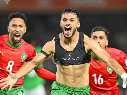 Oussama Lamlioui celebrates after scoring the winning goal. PHOTO/@EnMaroc/X