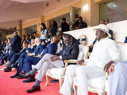ODM Leader Raila Odinga with President William Ruto at Kasarani Stadium during the CHAN 2024 final between Morocco and Madagascar on August 30, 2025. PHOTO/@RailaOdinga/X