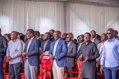 William Ruto with Opiyo Wandayi, John Mbadi, James Orengo and other leaders during a church service in Siaya. PHOTO/@WilliamsRuto/X