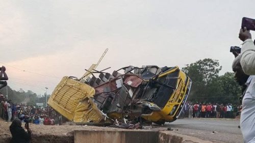 The mangled wreckage of the bus. PHOTO/ https://www.facebook.com/fredrick.owiso