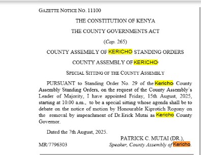 Part of the gazette notice confirming a special sitting by Kericho County Assembly to debate on Governor Erick Mutai impeachment motion. PHOTO/ Screengrab by PD Digital/https://new.kenyalaw.org/akn/ke/officialGazette/2025-08-08/169/eng@2025-08-08