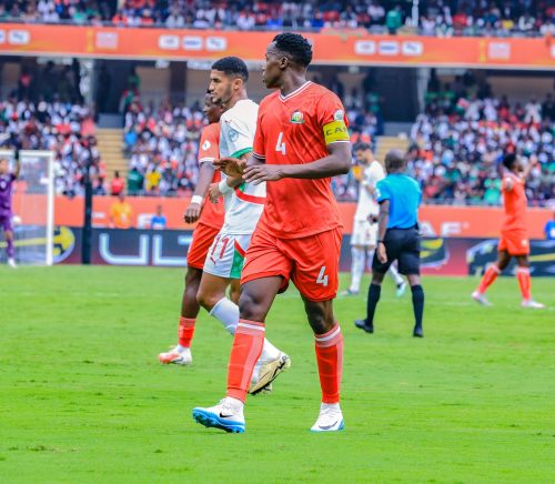 Harambee Stars defender Kibwage in action during clash against Morocco on Sunday, August 10, 2025. PHOTO/@Harambee__Stars/X