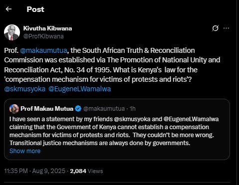 Part of the statement from Kivutha Kibwana on Saturday August 9, 2025. PHOTO/Screengrab by PD Digital/@ProfKibwana/X